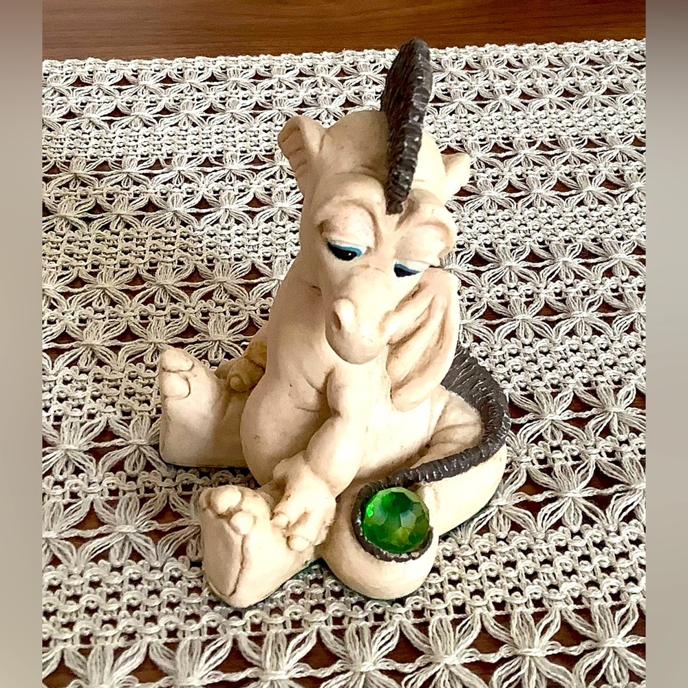 Vintage Krystonia is Charming Cream Dragon Figurine with Green crystal ball